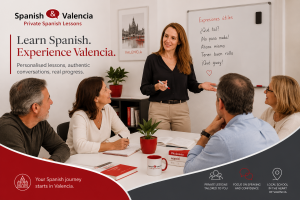 International students taking Spanish classes in Valencia and practising conversation in a small group.